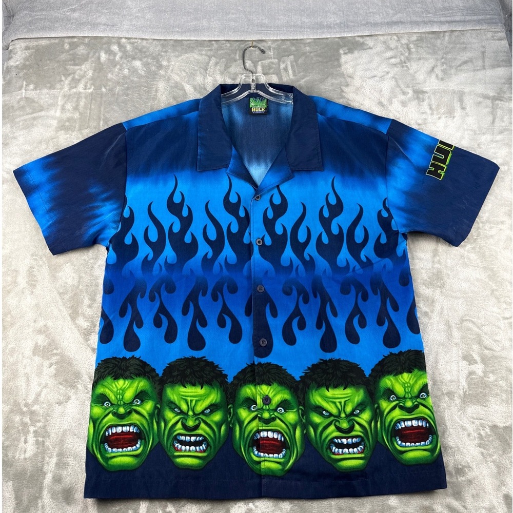 Marvel Button-down Mens Large Blue Hulk Flame Graphic EUC